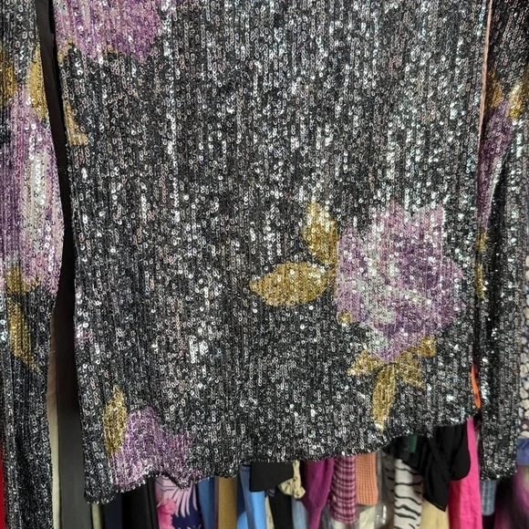 Free People New Floral Long Sleeve Sequin Women's Top, Medium - Picture 5 of 9